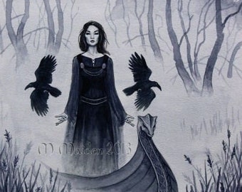 Three Ravens PRINT Avalon witch priestess, Faerie Lady of the Lake, Glastonbury blue mists art