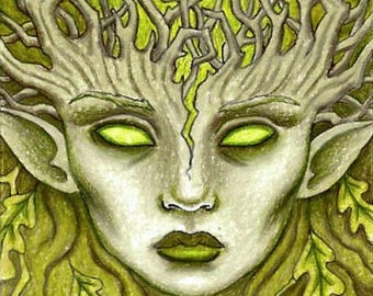 ACEO ORIGINAL 'Oak Tree Spirit', dryad art, wood spirit, green lady, forest creature chlorophyll life energy, man Ooak ATC Luminance pencils
