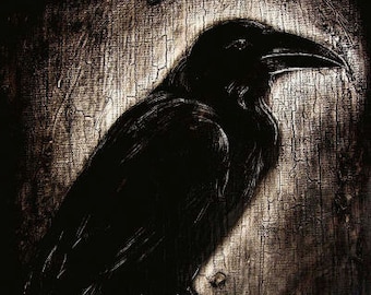 Raven PRINT crow corvid art, British wildlife, dark sepia monochrome