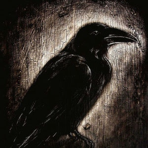 Raven PRINT crow corvid art, British wildlife, dark sepia monochrome