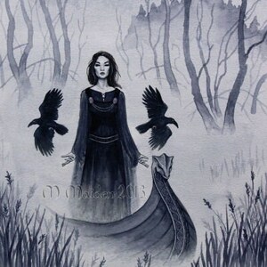 Three Ravens PRINT Avalon witch priestess, Faerie Lady of the Lake, Glastonbury blue mists art