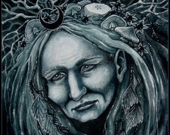 Dark Moon Crone PRINT Samhain Hag Witch Goddess, Winter pagan wise woman art