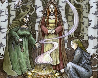 ORIGINAL Witches art three Wyrd sisters mixed media hand coloured print