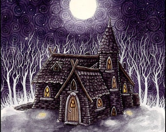 Winter Cottage PRINT fairytale witches house in the snow illustration