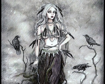 Crow Witch PRINT Morrigan art, gothic dark feminine pagan priestess shamanka
