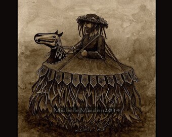 Hobby Horse ORIGINAL watercolour painting Obby Oss, Mari Lwyd, Morris dance, folk horror tradition