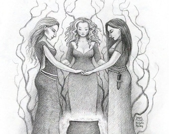 Coven of Three ORIGINAL DRAWING Witches Traditional magic friends sisters Witchcore art