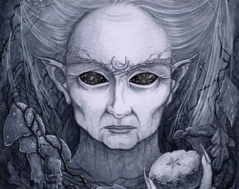 Winter Crone PRINT Samhain dark goddess art, wise elder