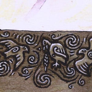 May include: A black and white illustration of a border with stylized animals and swirling patterns. The animals include a rabbit, fish, birds, and a deer. The border is on a brown background.