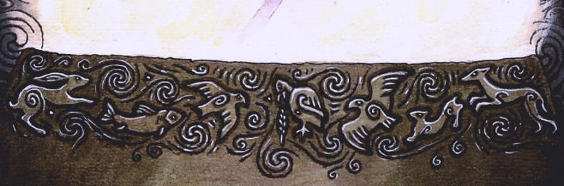 May include: A black and white illustration of a border with stylized animals and swirling patterns. The animals include a rabbit, fish, birds, and a deer. The border is on a brown background.