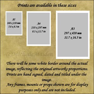 May include: A graphic showing three different print sizes available for purchase. The sizes are labeled A5, A4, and A3. The measurements are listed in both inches and millimeters. The text states that prints are hand-signed, dated, and titled. Any frames, mounts, or props shown are for display purposes only and are not included.