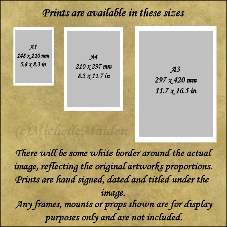 May include: A graphic showing three different print sizes available for purchase. The sizes are labeled A5, A4, and A3. The measurements are listed in both inches and millimeters. The text states that prints are hand-signed, dated, and titled. Any frames, mounts, or props shown are for display purposes only and are not included.