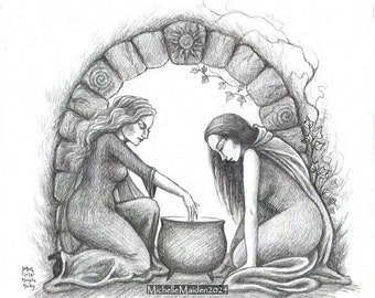 The Old Ways ORIGINAL DRAWING Witches Traditional magic coven friends sisters Witchcore art