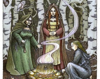 ORIGINAL 3 Witches art wyrd sisters spellcasting 21x30cm mixed media hand coloured print