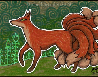 Kitsune ORIGINAL ACEO Miniature Japanese Fox Mythology Folklore art, No.1 in series