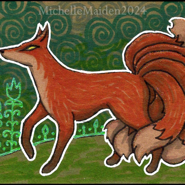 Kitsune ORIGINAL ACEO Miniature Japanese Fox Mythology Folklore art, No.1 in series