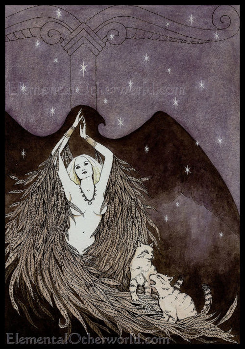 Freya PRINT, Viking Goddess Freya art, Norse mythology, Heathen art, Irminsul design, Yggdrasil, Northern Tradition, falcon, cats, A4 print image 1