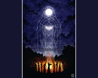 Lady of the Moon PRINT pagan community celebration campfire dancing, goddess art