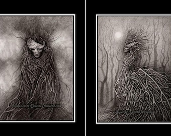 Handmade Forest Spirits card set of 2 Folk Horror Goblincore spooky wildwood woodland wraiths