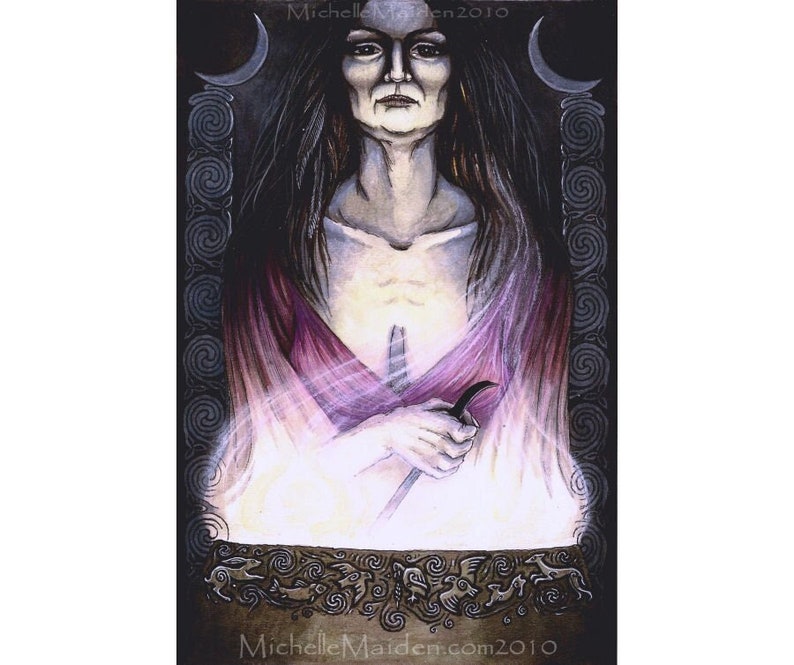 May include: A woman with long dark hair and a pale complexion is depicted in a watercolor painting. She is wearing a pink robe and holding a knife in her right hand. The background is dark and features a crescent moon and Celtic knotwork.