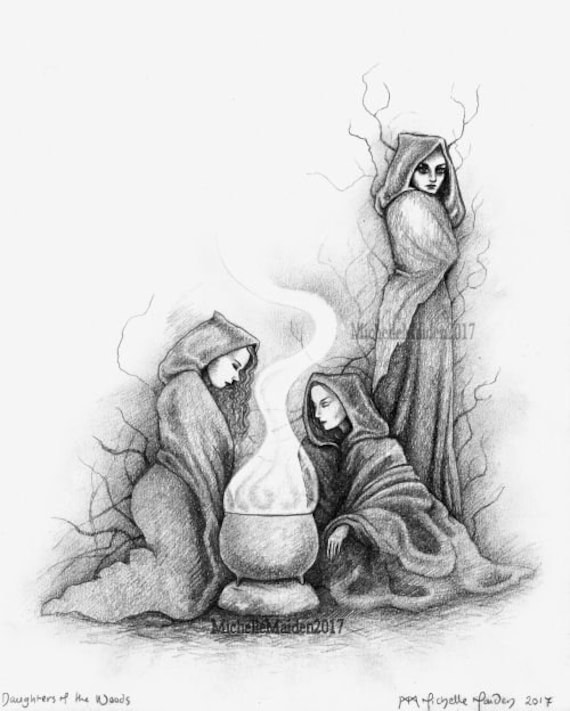 ORIGINAL drawing traditional witches coven 'Daughters of the woods' witchcore woodland magic pencil art