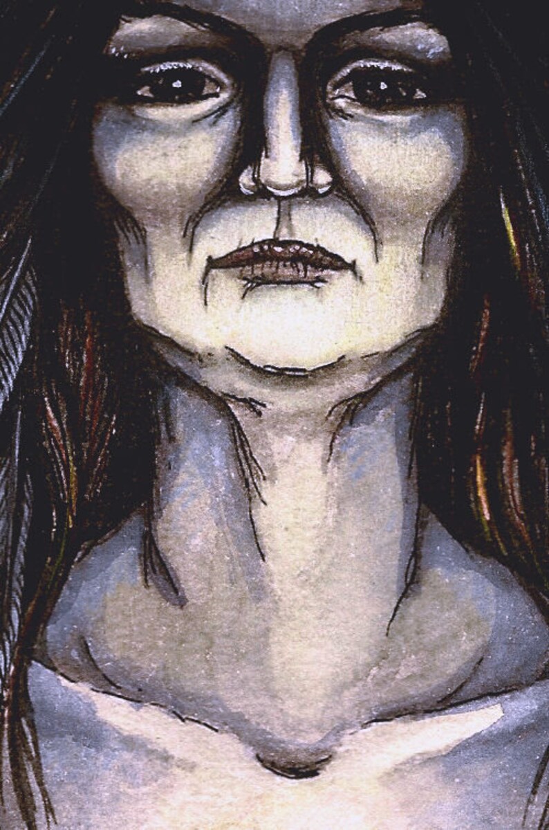 May include: A close-up portrait of a woman with dark hair and a serious expression. Her eyes are dark and her lips are closed. The woman is wearing a simple, light-colored top.