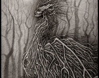Signed PRINT Queen of Sticks Tree Spirit dark spooky Goblincore woodland art