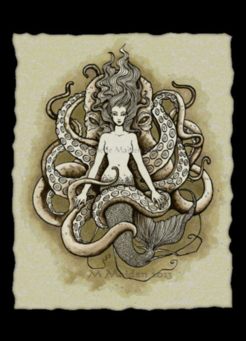 May include: A black and white illustration of a mermaid with long flowing hair, surrounded by the tentacles of an octopus. The image is set against a beige background with a textured paper effect.