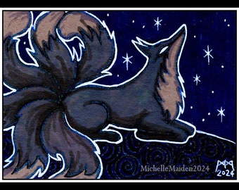 Kitsune ORIGINAL ACEO Miniature Japanese Fox Mythology Folklore art, No.3 in series