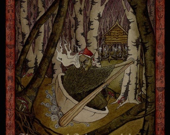 Baba Yaga PRINT Traditional Slavic Folklore Forest Witch Art, Hand Signed