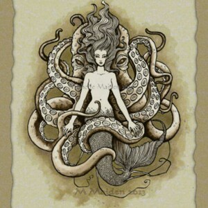 May include: A black and white illustration of a mermaid with long flowing hair, surrounded by the tentacles of an octopus. The mermaid is wearing a seashell bra and has a fish tail. The octopus has large, round eyes. The image is set against a light brown background.