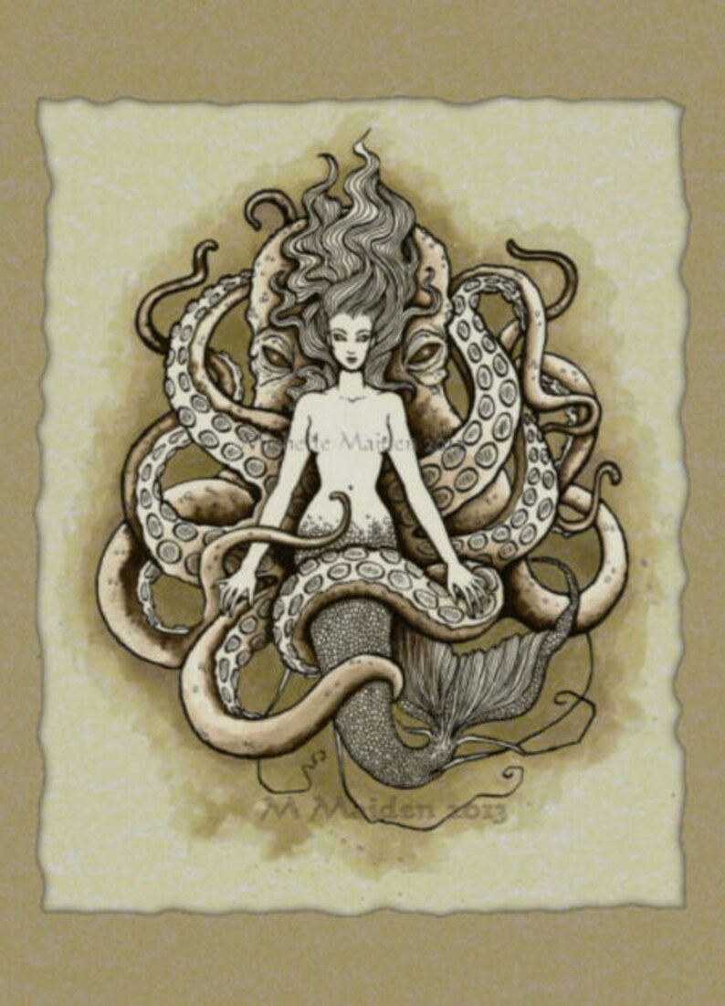 May include: A black and white illustration of a mermaid with long flowing hair, surrounded by the tentacles of an octopus. The mermaid is wearing a seashell bra and has a fish tail. The octopus has large, round eyes. The image is set against a light brown background.