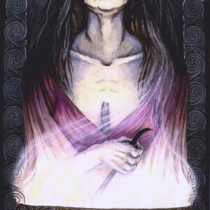 May include: A woman with long dark hair and a purple dress holds a curved knife in front of a cauldron. The cauldron is surrounded by a decorative border of Celtic knotwork and animal figures. The background is dark with two crescent moons.
