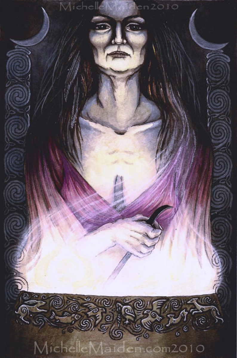 May include: A woman with long dark hair and a purple dress holds a curved knife in front of a cauldron. The cauldron is surrounded by a decorative border of Celtic knotwork and animal figures. The background is dark with two crescent moons.