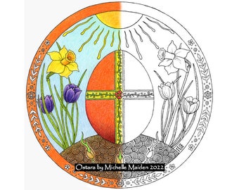 Ostara printable colouring page Hand Drawn Spring Equinox altar art, solar cross Easter painted egg