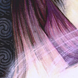 May include: A close-up of a purple and white fabric with a textured, striped pattern. The fabric is draped over a dark background with a swirling design.