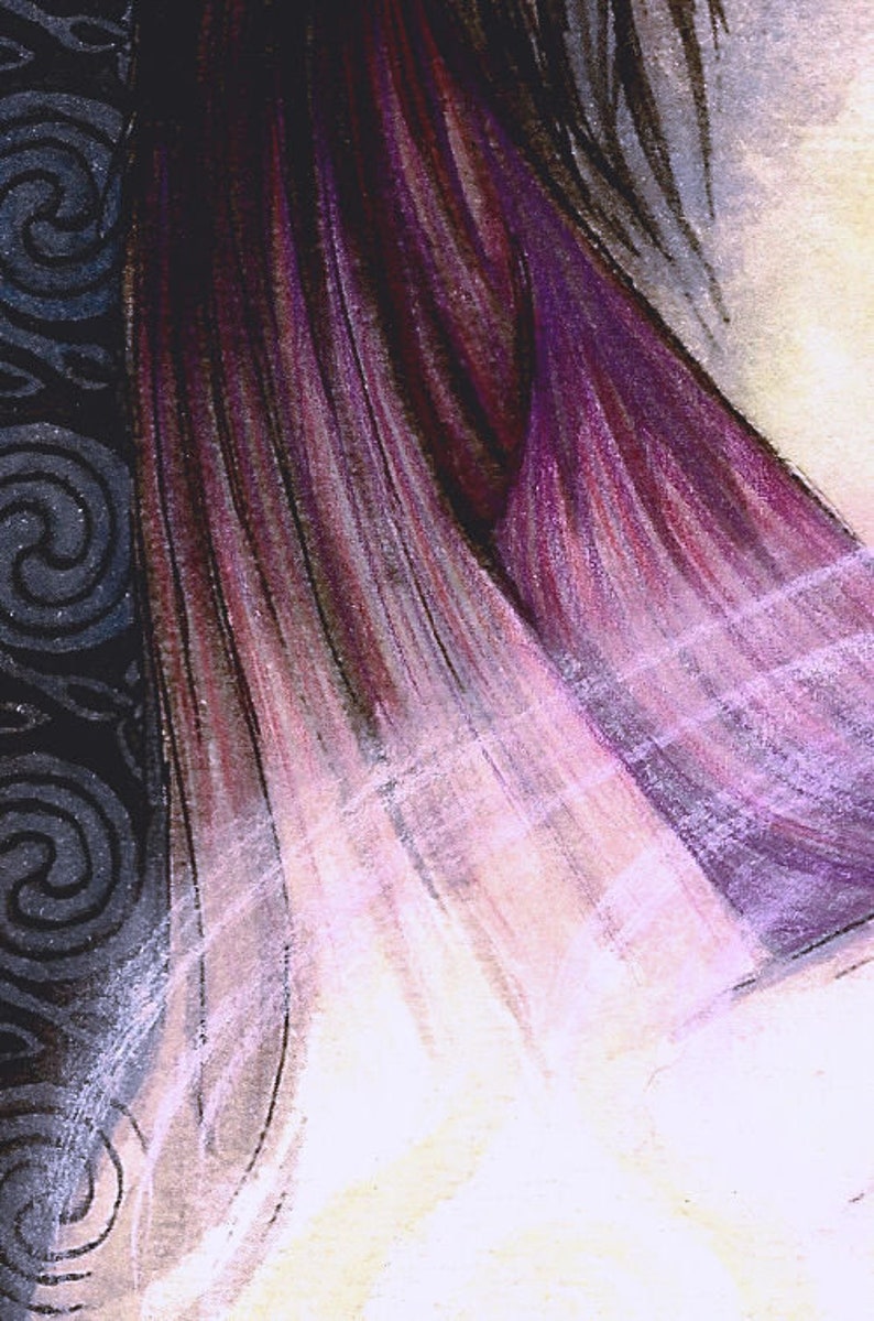 May include: A close-up of a purple and white fabric with a textured, striped pattern. The fabric is draped over a dark background with a swirling design.