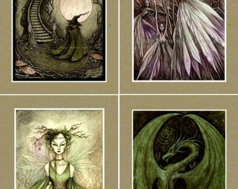 Handmade Nature Spirits CARDS set of 4 Goblincore green earth dragon fairy birthday card