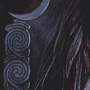 May include: A dark background with a silver crescent moon and a silver Celtic knot design. The moon is positioned above the knot design.