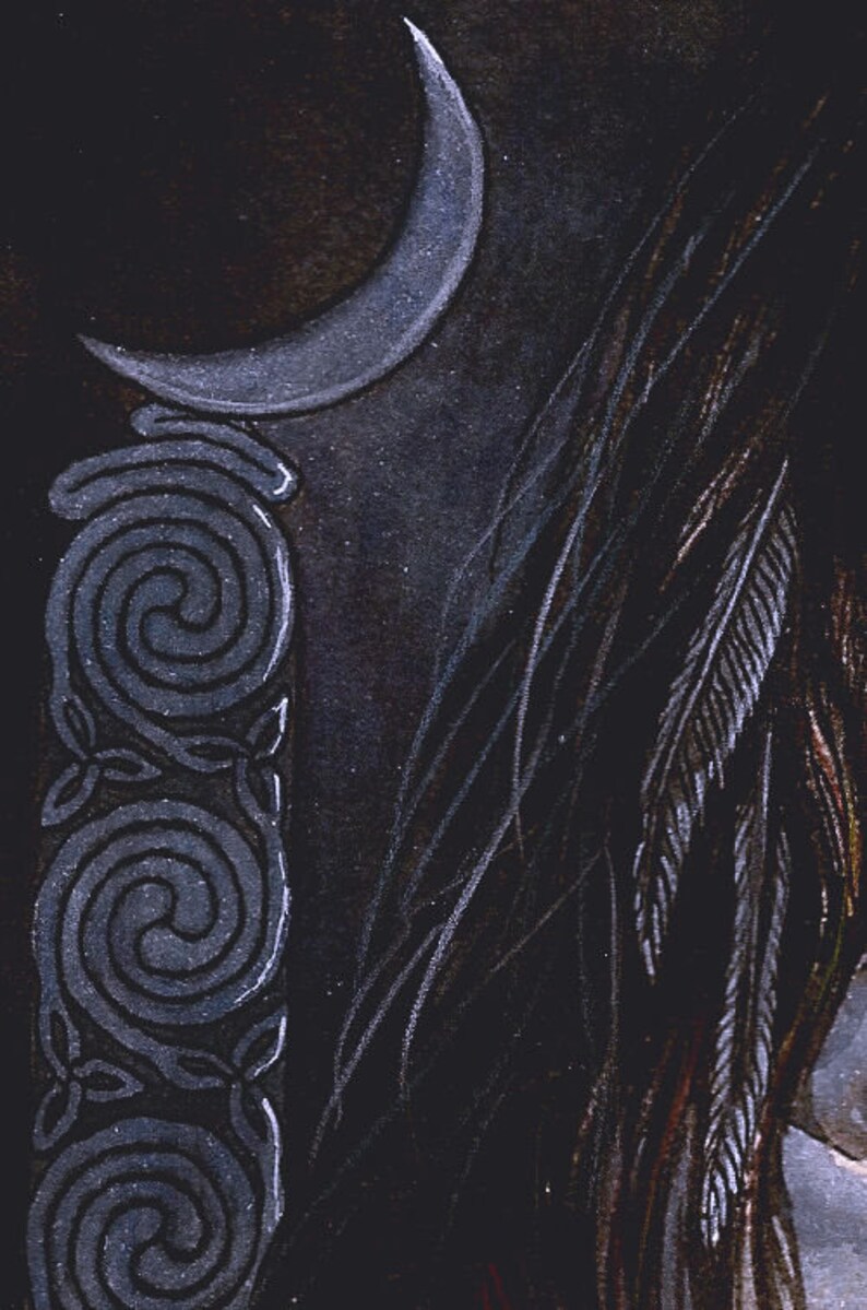 May include: A dark background with a silver crescent moon and a silver Celtic knot design. The moon is positioned above the knot design.