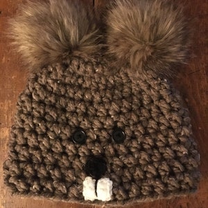 Punxsutawney Phil/Punxsutawney Phil Hat/Groundhog Day/Groundhog/Beaver Crochet Hat (Infant, Toddler, Youth, Adult sizes) with Pom Poms