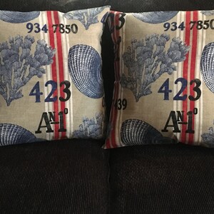 May include: Two beige throw pillows with red and white stripes. The pillows feature a blue and white seashell design, blue coral, and the numbers 423 and 934 7850. The pillows also have the text "An1" printed on them.