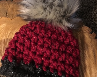 Handmade Pom Pom Hand Crochet Red and Gray Trimmed Hat (Infant, Toddler, Youth, Adult sizes)