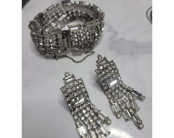 Vintage Weiss Clear Glass Rhinestones 6 row Bracelet and earring set