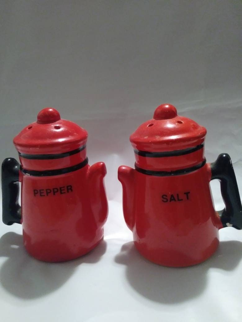 Vintage coffee pot kettle salt pepper shakers red and black Etsy