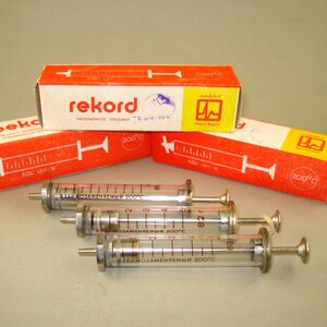 Set of 3 Vintage old Bulgarian glass syringes 5ml RECORD, Never used with box, New Old Stock