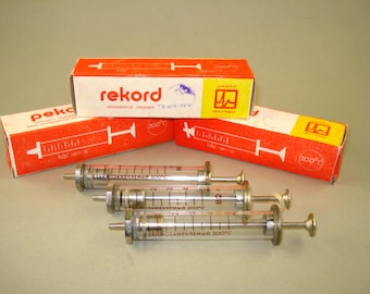 Set of 3 Vintage old Bulgarian glass syringes 5ml RECORD, Never used with box, New Old Stock