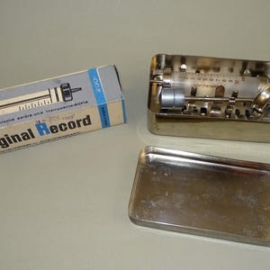 Vintage Old Metal Box Sterilizer Original Record with Glass Syringe 10 ml - Metal Box Sterilizer, Marked, Spare Syringe in box