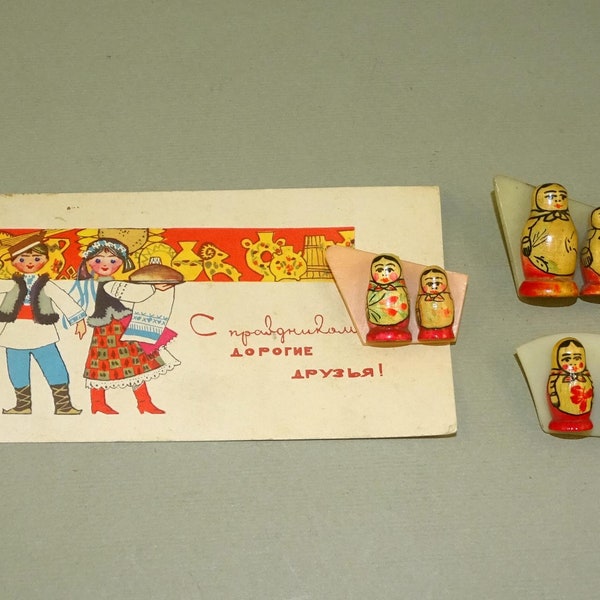 Vintage altes Set von 3 russischen Puppen Brosche, sowjetische hölzerne Nesting Dolls Semenov Anstecknadel, Abzeichen - UdSSR -Mini Puppen Kostenloser Versand!!!