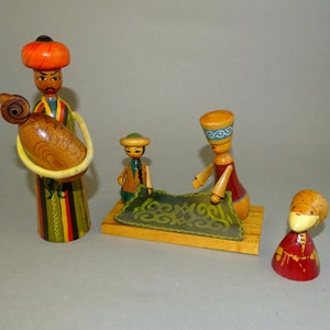 3 Unique Vintage Solid Russian Asian Wooden Dolls - Man with Ram,Carpet Merchants...  ,Collectible pieces, Hand painted
